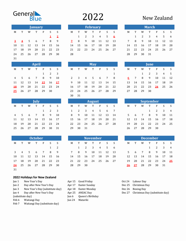 New Zealand 2022 Calendar with Holidays