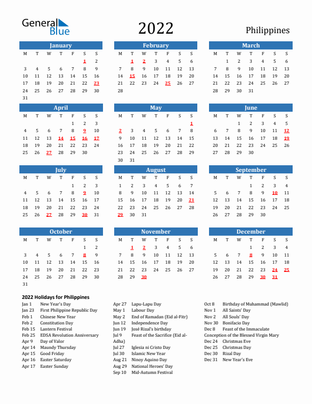 Philippines 2022 Calendar with Holidays