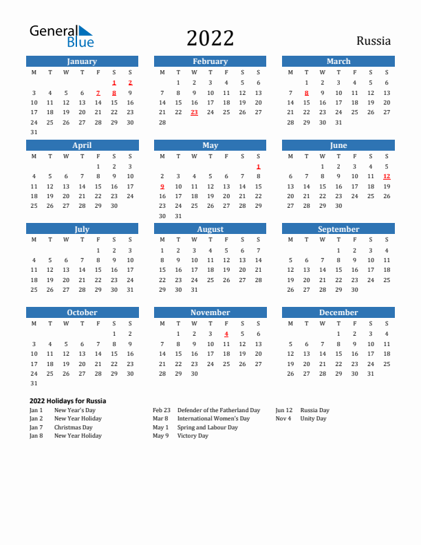 Russia 2022 Calendar with Holidays