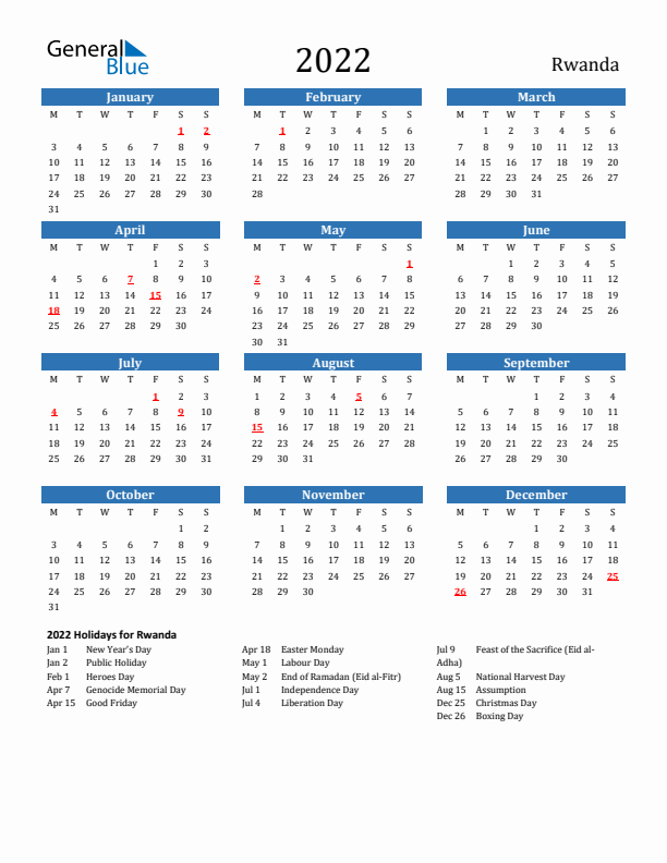 Rwanda 2022 Calendar with Holidays