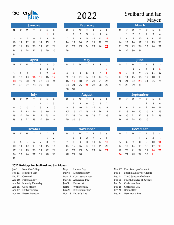 Svalbard and Jan Mayen 2022 Calendar with Holidays