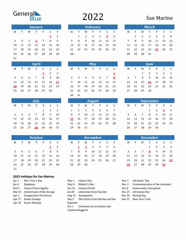 San Marino 2022 Calendar with Holidays