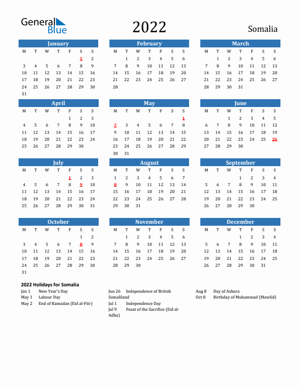 Somalia 2022 Calendar with Holidays