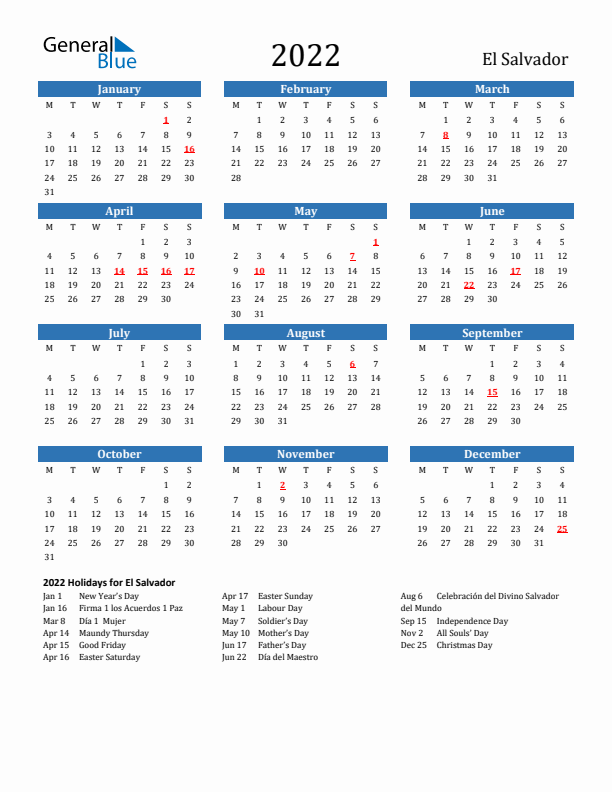 El Salvador 2022 Calendar with Holidays