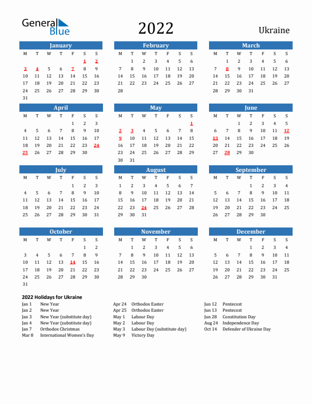 Ukraine 2022 Calendar with Holidays