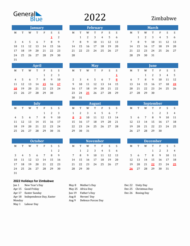 Zimbabwe 2022 Calendar with Holidays