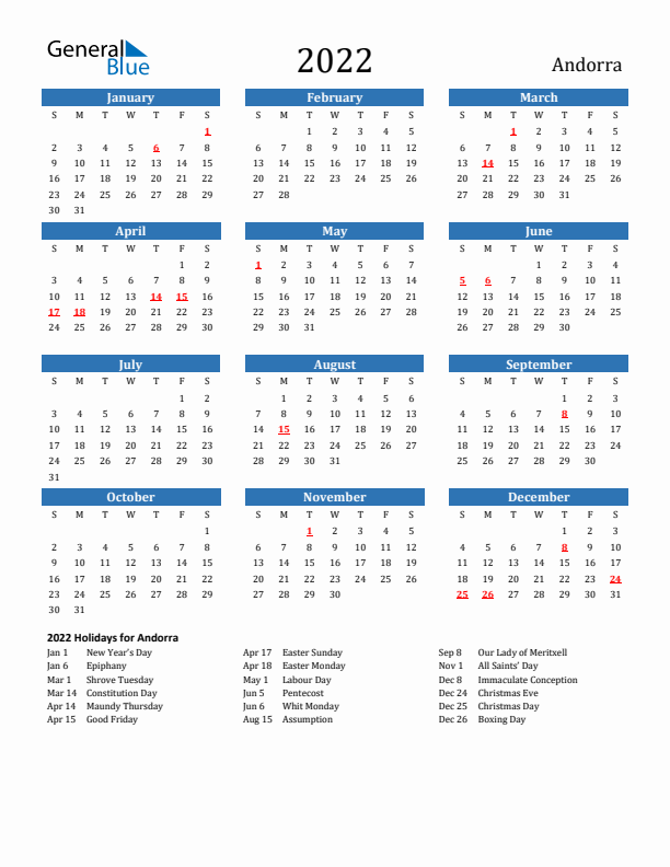 Andorra 2022 Calendar with Holidays