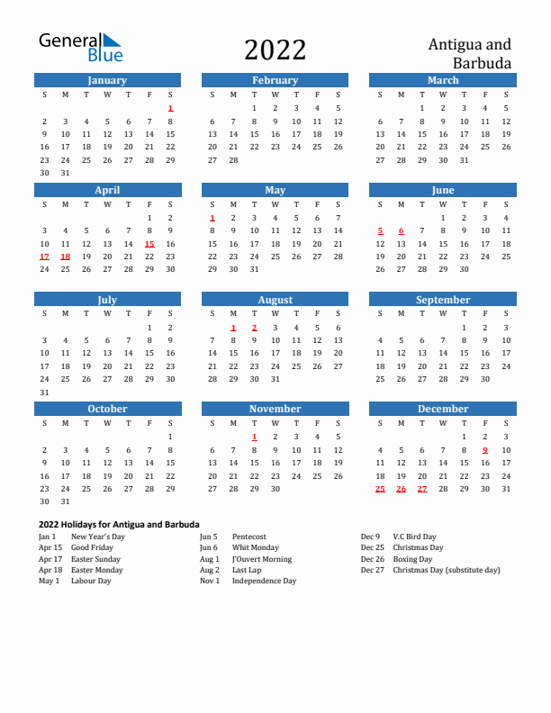 Antigua and Barbuda 2022 Calendar with Holidays