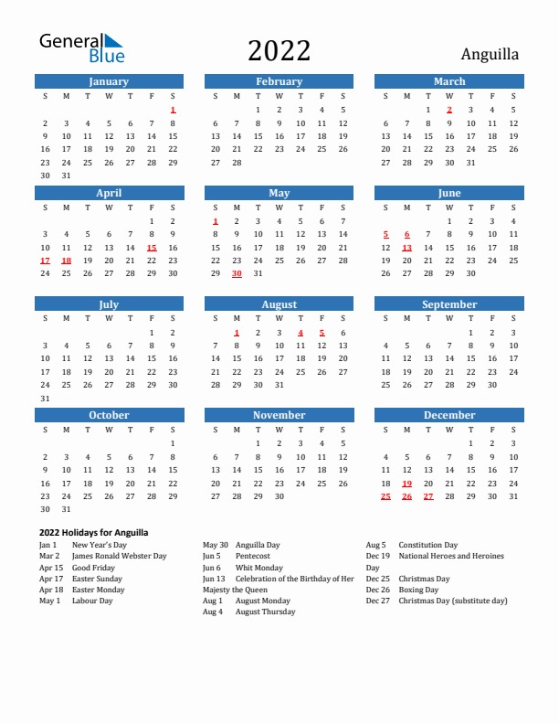 Anguilla 2022 Calendar with Holidays