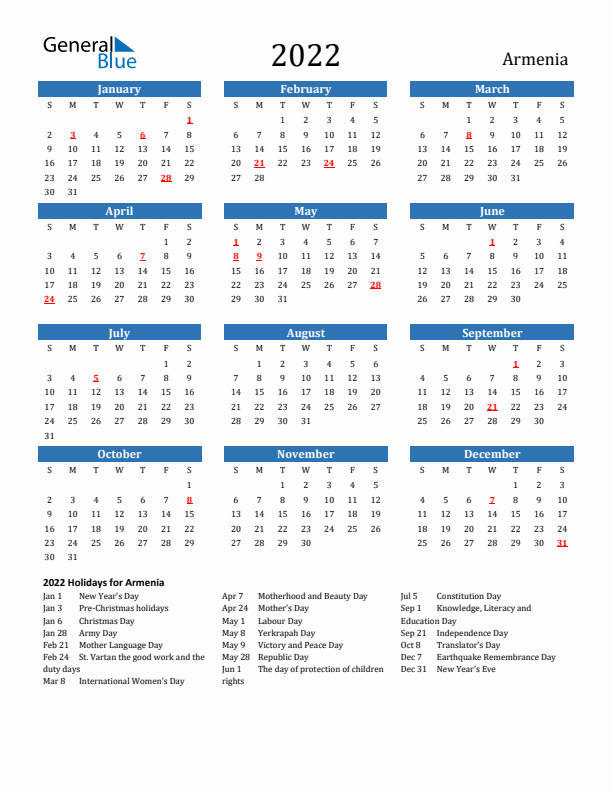 Armenia 2022 Calendar with Holidays