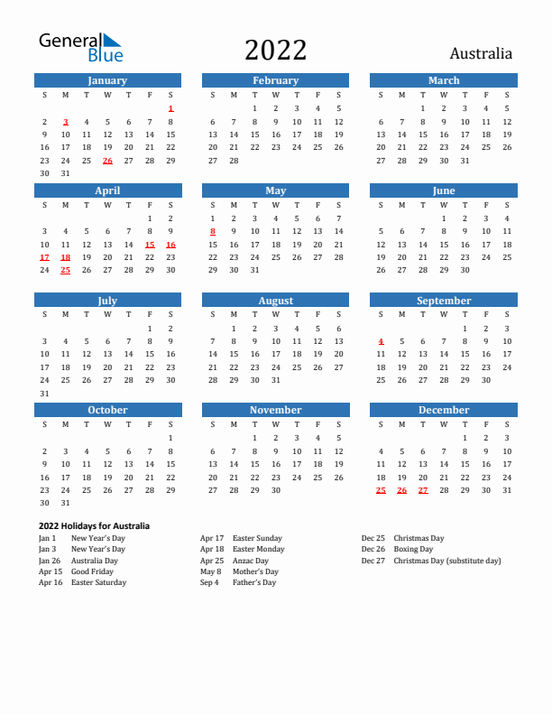 Australia 2022 Calendar with Holidays
