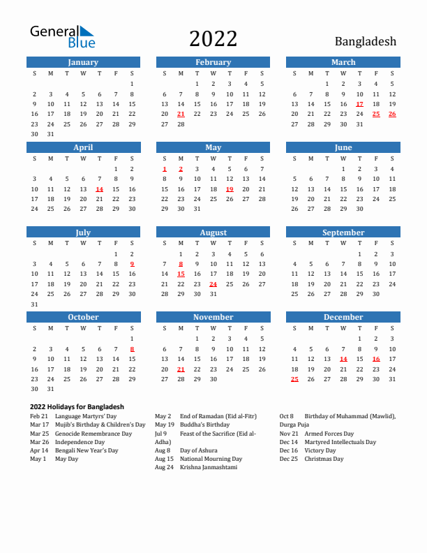 Bangladesh 2022 Calendar with Holidays