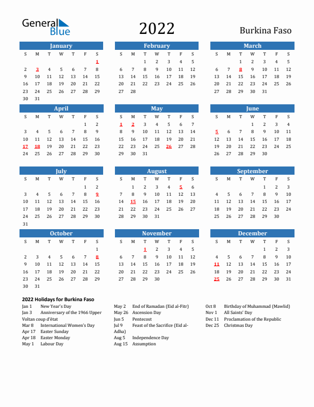Burkina Faso 2022 Calendar with Holidays