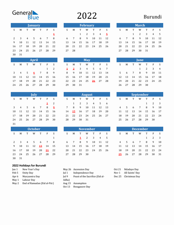 Burundi 2022 Calendar with Holidays