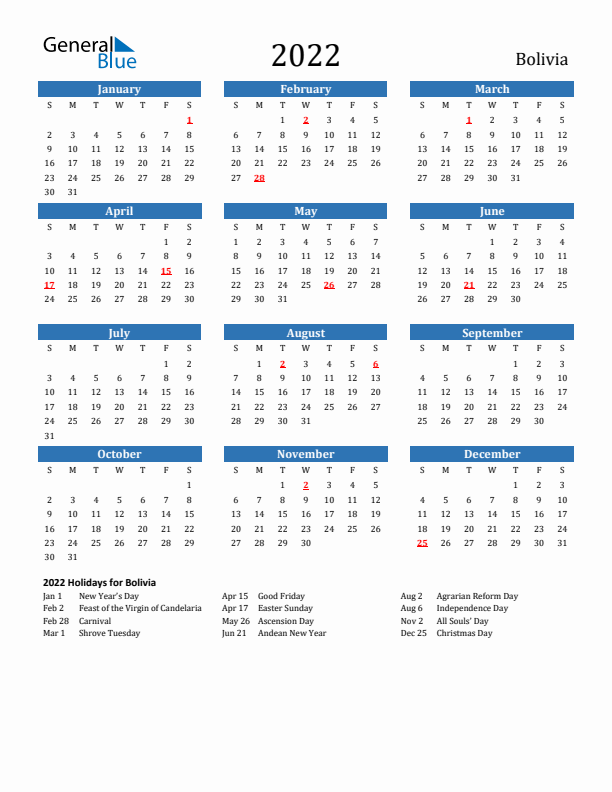 Bolivia 2022 Calendar with Holidays