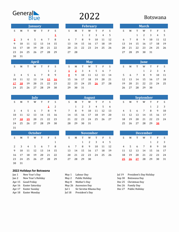 Botswana 2022 Calendar with Holidays
