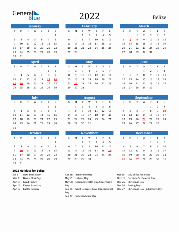 Belize 2022 Calendar with Holidays
