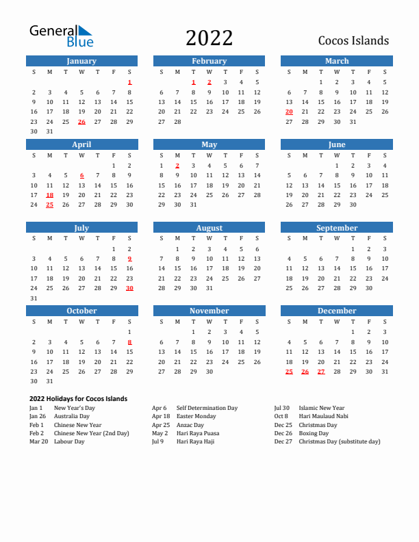 Cocos Islands 2022 Calendar with Holidays