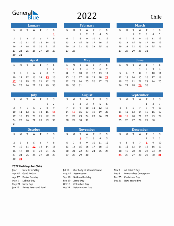 Chile 2022 Calendar with Holidays