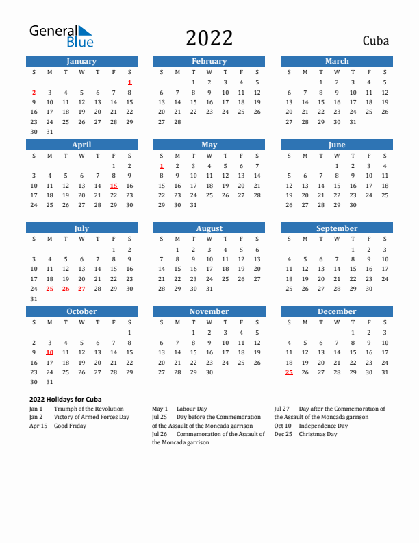 Cuba 2022 Calendar with Holidays