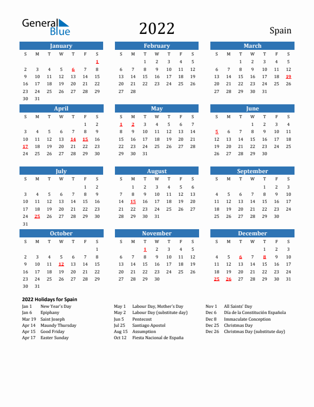 Spain 2022 Calendar with Holidays