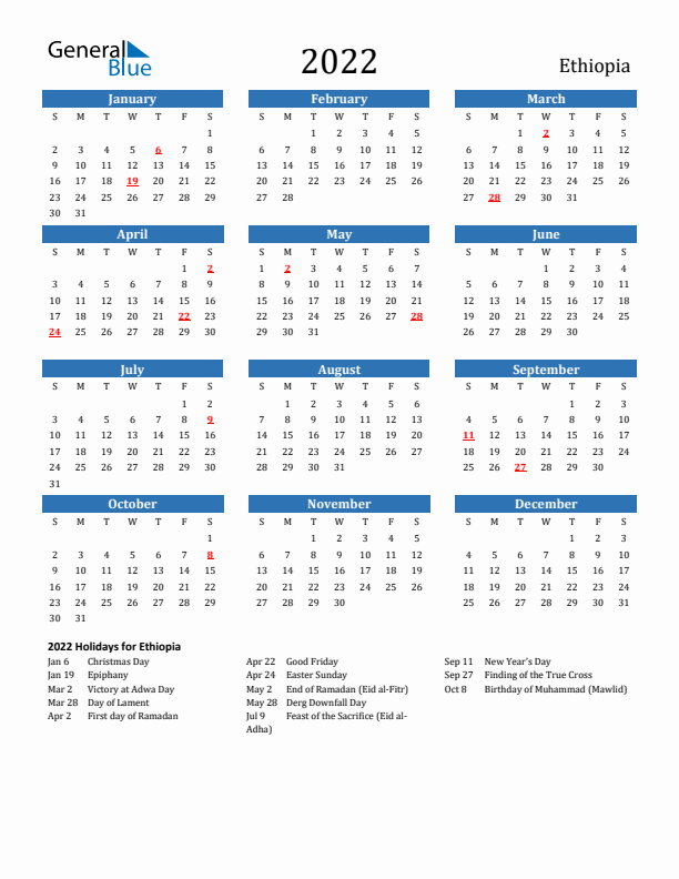 Ethiopia 2022 Calendar with Holidays