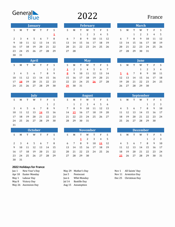 France 2022 Calendar with Holidays