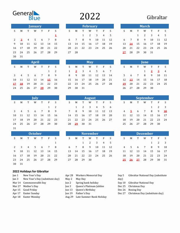 Gibraltar 2022 Calendar with Holidays