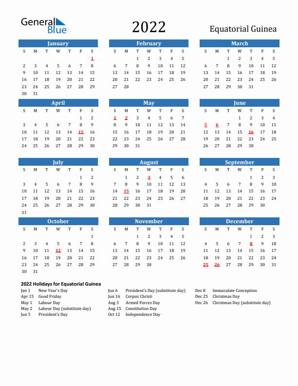 Equatorial Guinea 2022 Calendar with Holidays