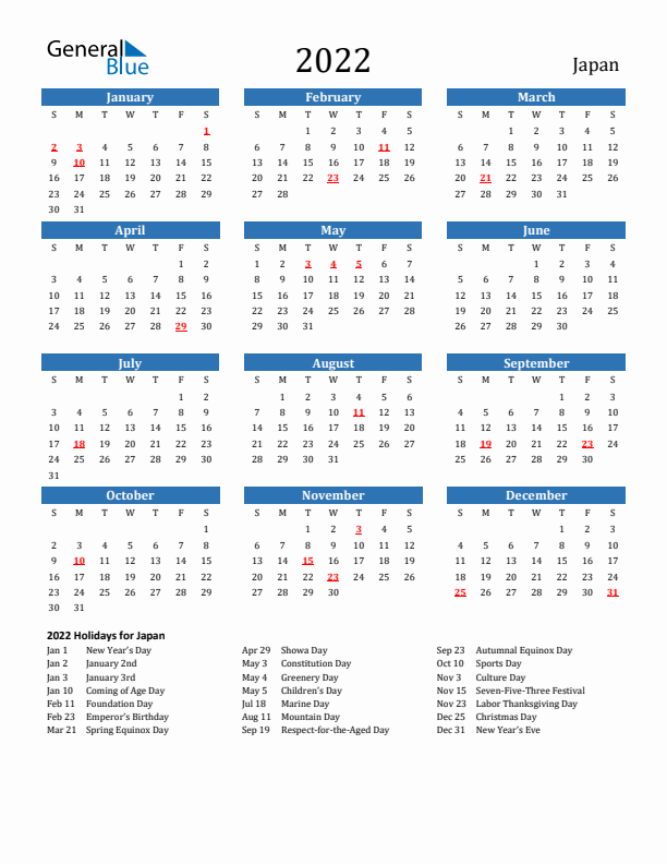 Japan 2022 Calendar with Holidays