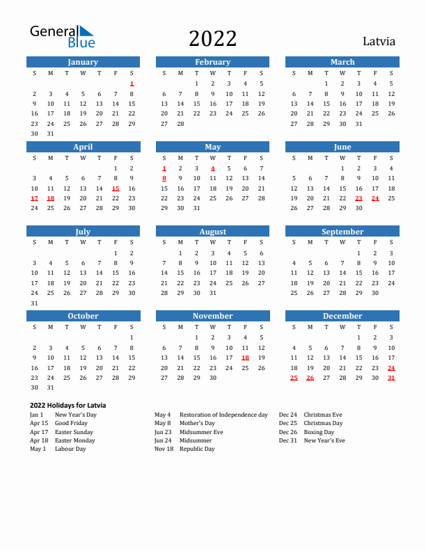 Latvia 2022 Calendar with Holidays
