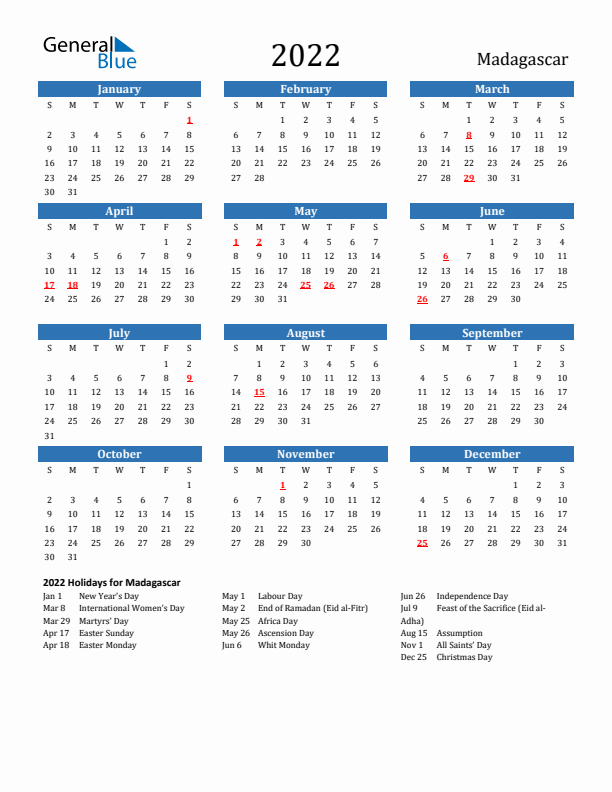 Madagascar 2022 Calendar with Holidays