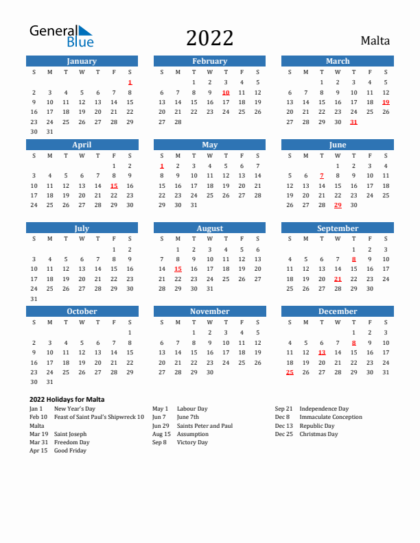 Malta 2022 Calendar with Holidays