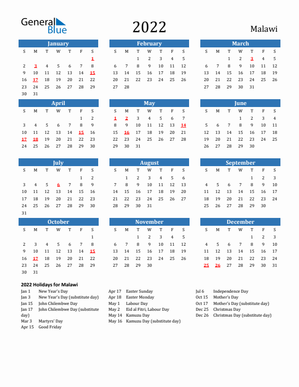 Malawi 2022 Calendar with Holidays