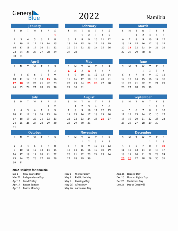 Namibia 2022 Calendar with Holidays