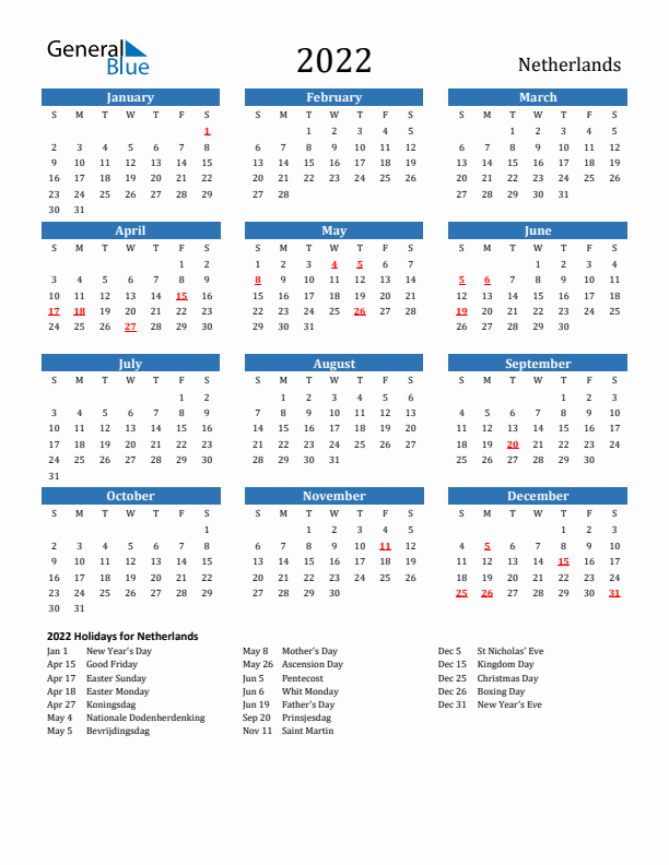 The Netherlands 2022 Calendar with Holidays
