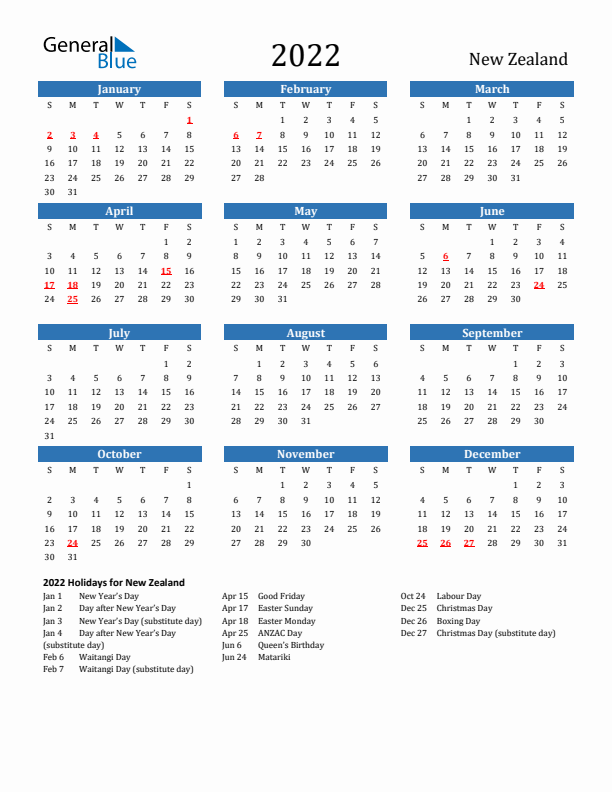 New Zealand 2022 Calendar with Holidays