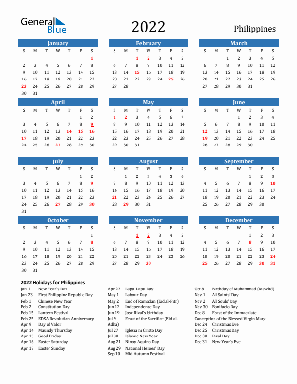 Philippines 2022 Calendar with Holidays