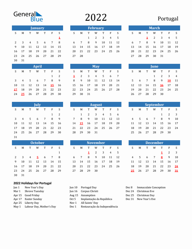 Portugal 2022 Calendar with Holidays