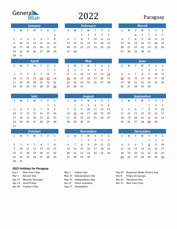 Paraguay 2022 Calendar with Holidays