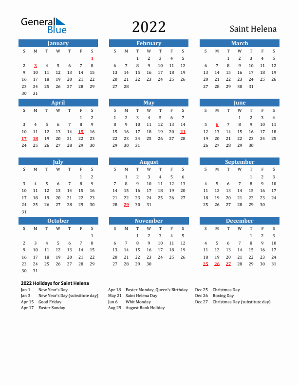 Saint Helena 2022 Calendar with Holidays