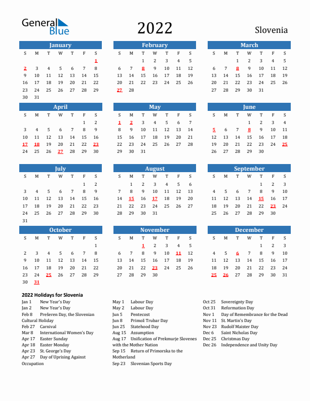 Slovenia 2022 Calendar with Holidays