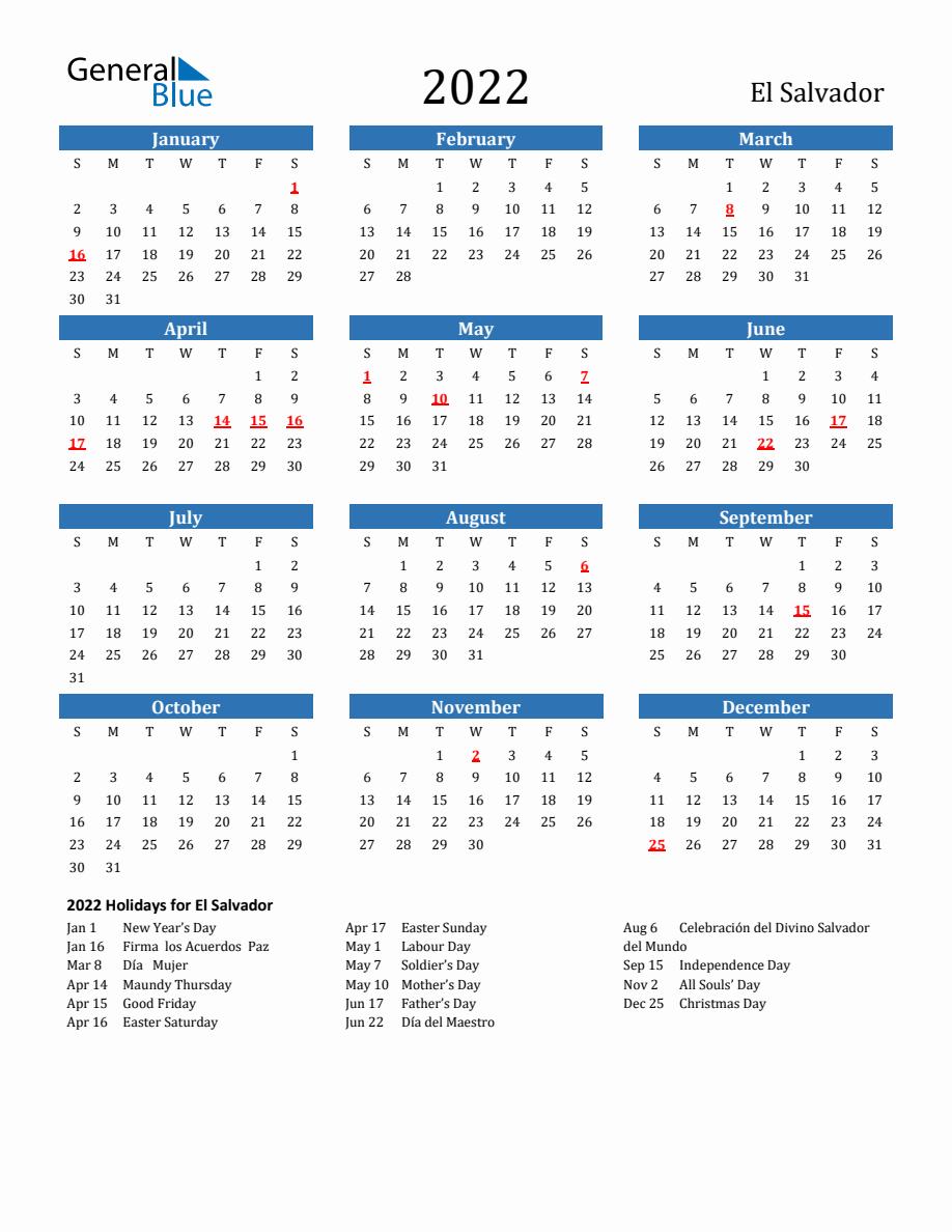 El Salvador 2022 Calendar with Holidays