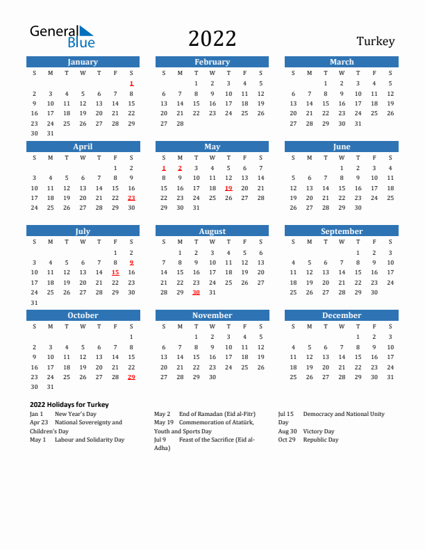 Turkey 2022 Calendar with Holidays
