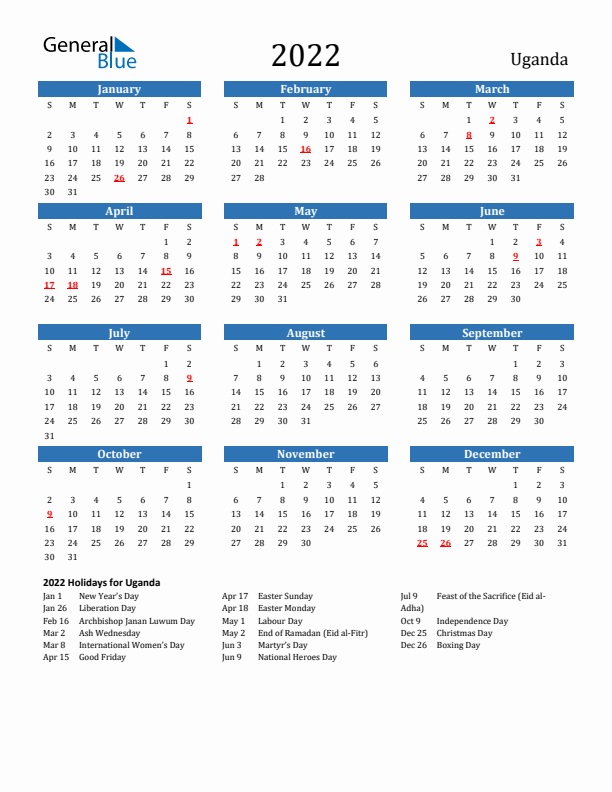 Uganda 2022 Calendar with Holidays
