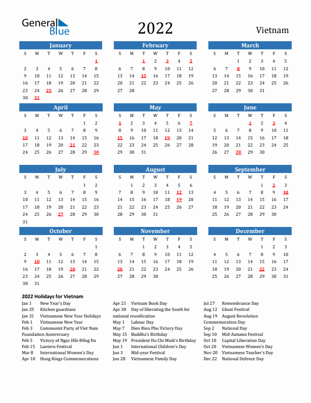 Vietnam 2022 Calendar with Holidays
