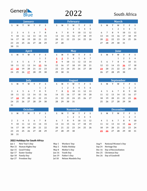 South Africa 2022 Calendar with Holidays