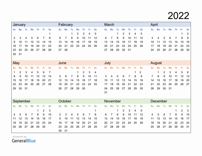 Free Downloadable 2022 Yearly Calendar Template 