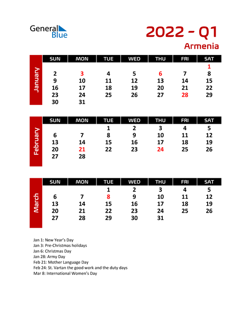  Q1 2022 Calendar with Holidays