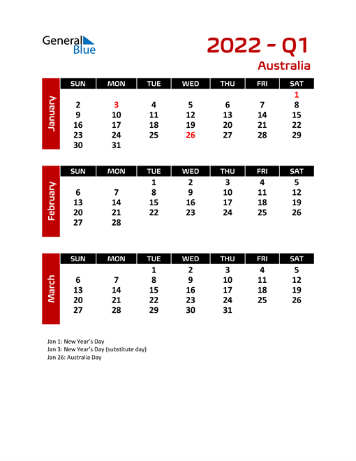 Q1 2022 Quarterly Calendar with Australia Holidays